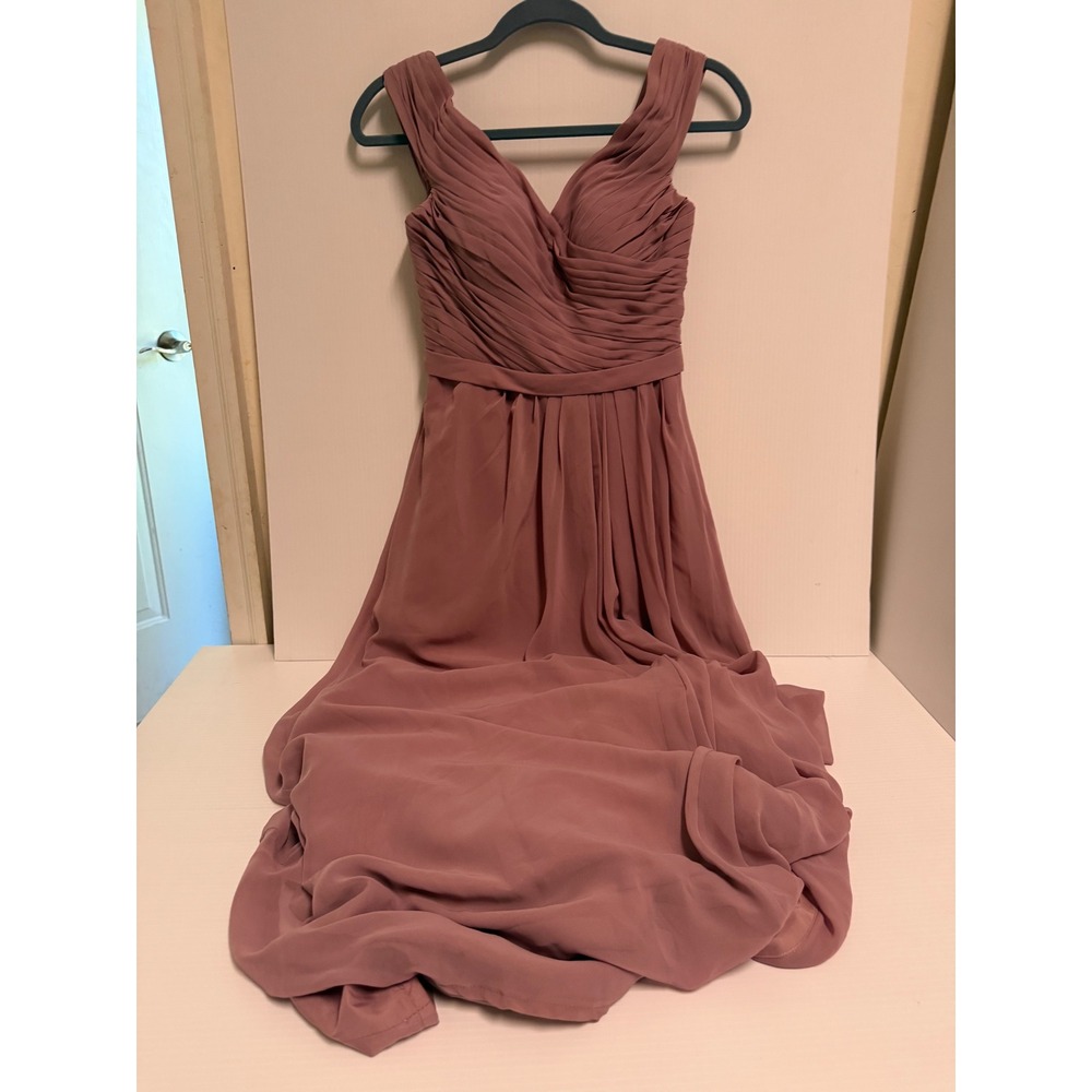 Azazie A4 Dusty Rose Chiffon Pleated V-Neck Maxi Bridesmaid Dress Mauve Pink